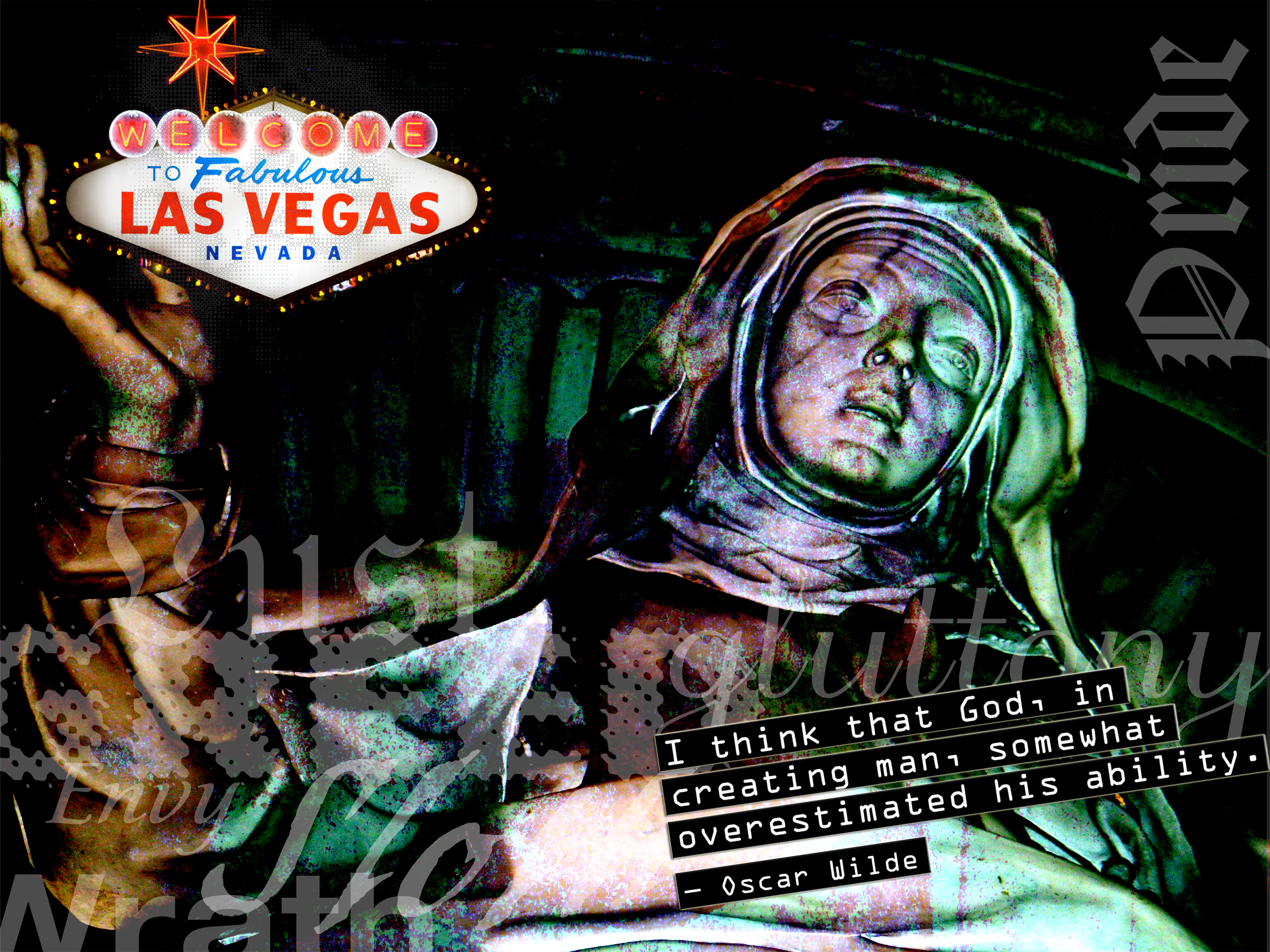 Digital art: Mary holding a las vegas sign.