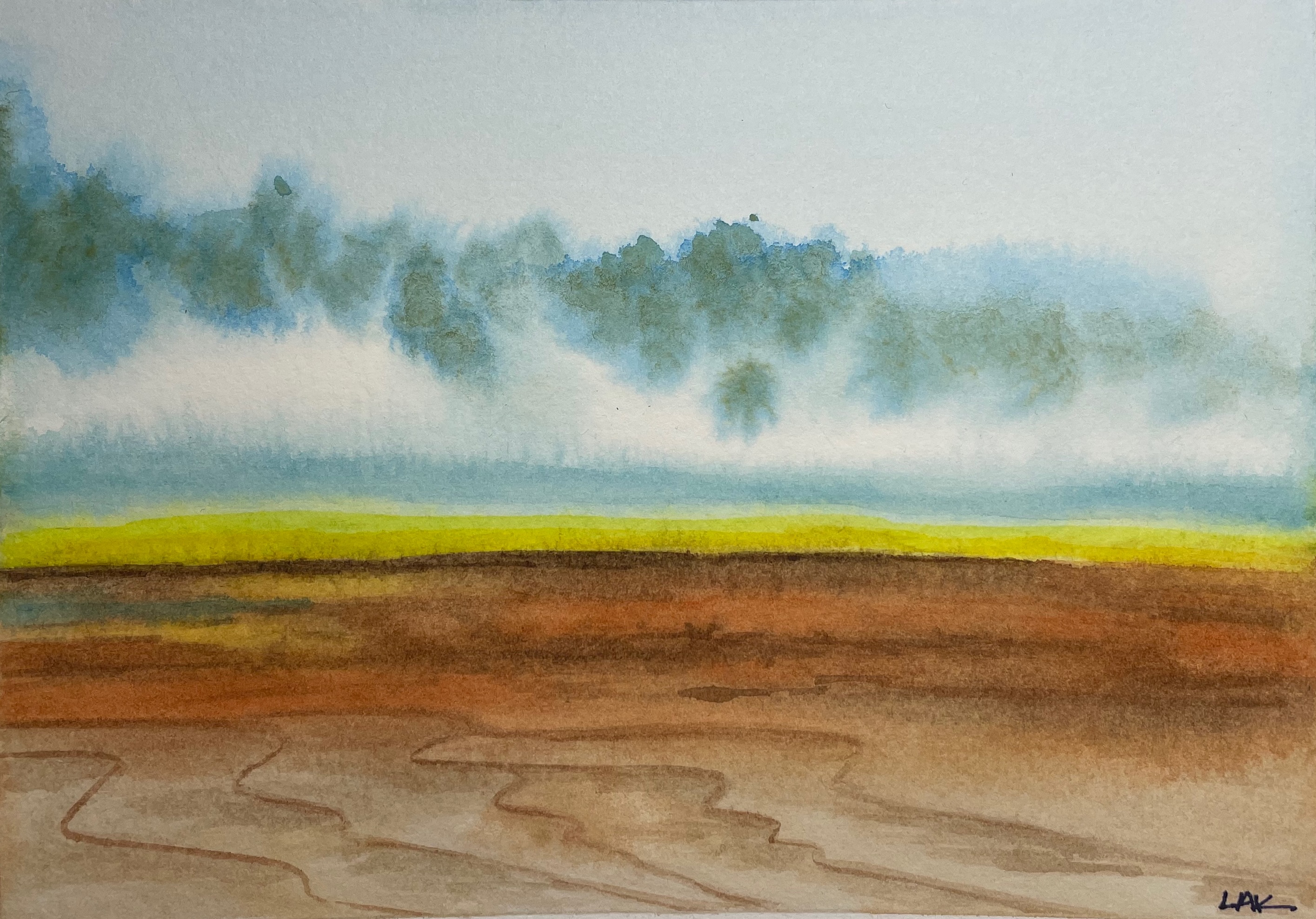 Original watercolor, mist over sulfur lake.
